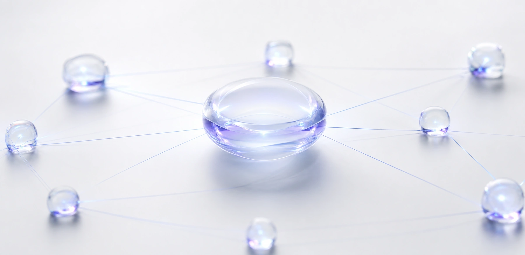 Translucent glass nodes connected by fine blue lines