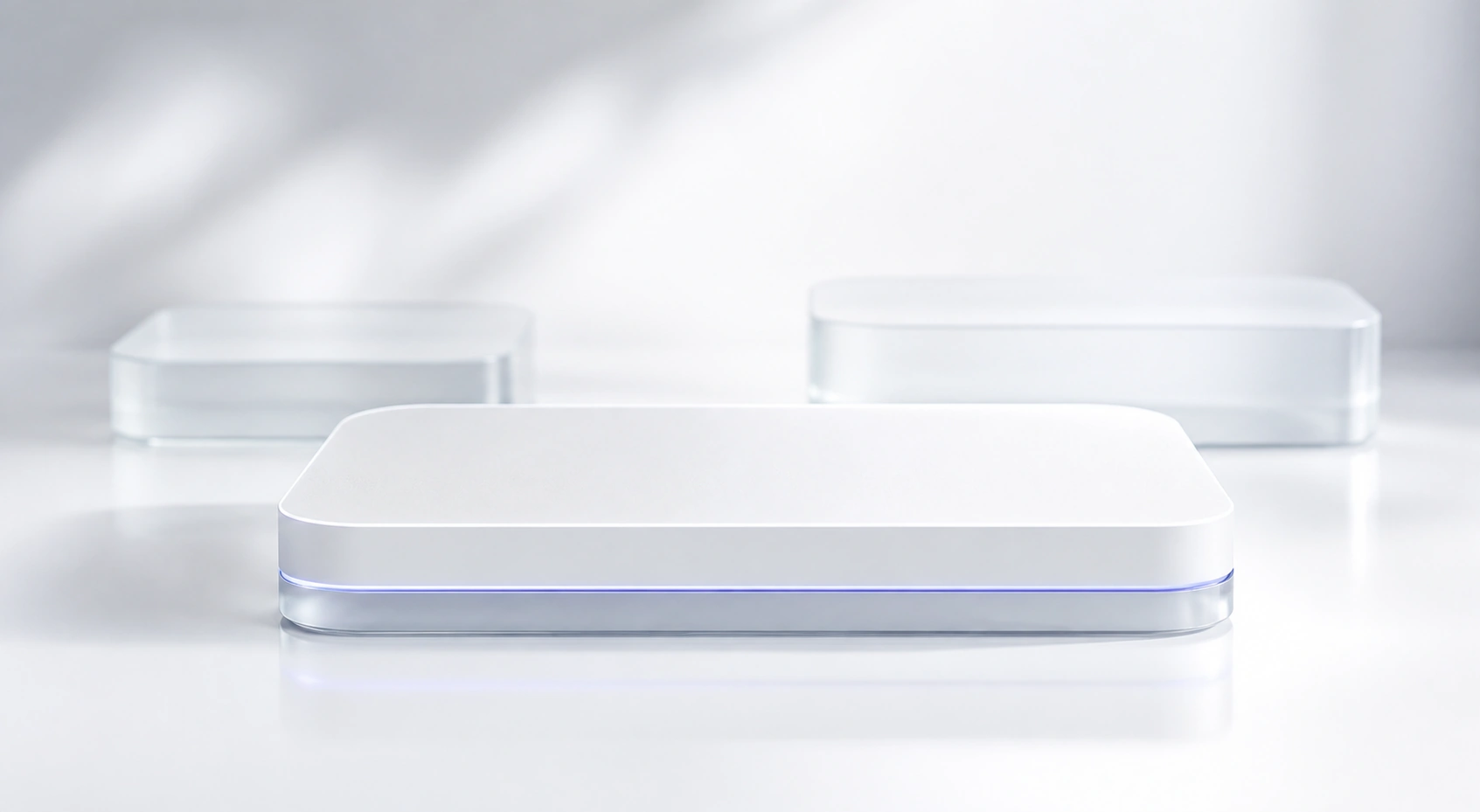 Minimal white glass platforms with a blue edge